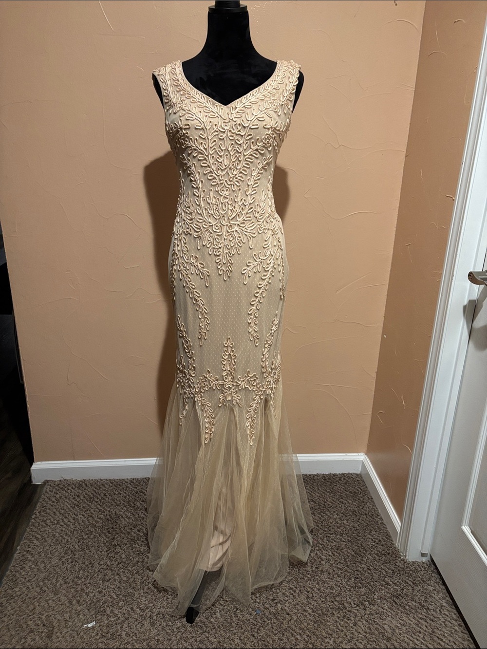 Cachet Beaded V-Neck Cream Tulle Mermaid Gown